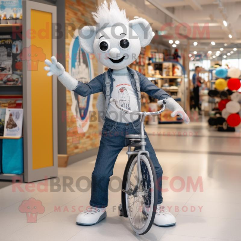 Silver Unicyclist mascot costume character dressed with a Jeans and Cummerbunds