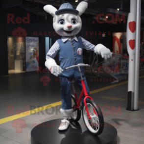 Silver Unicyclist mascot costume character dressed with a Jeans and Cummerbunds