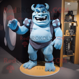 Sky Blue Ogre mascot costume character dressed with a Rash Guard and Wallets