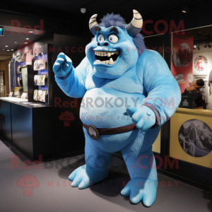 Sky Blue Ogre mascot costume character dressed with a Rash Guard and Wallets