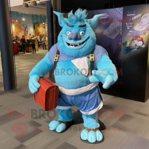 Sky Blue Ogre mascot costume character dressed with a Rash Guard and Wallets