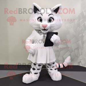 White Bobcat mascot costume character dressed with a Blouse and Clutch bags