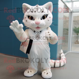 White Bobcat mascot costume character dressed with a Blouse and Clutch bags