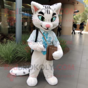 White Bobcat mascot costume character dressed with a Blouse and Clutch bags