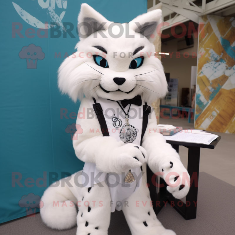 White Bobcat mascot costume character dressed with a Blouse and Clutch bags