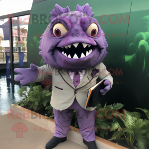 Lavender Piranha mascot costume character dressed with a Blazer and Clutch bags