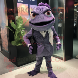 Lavender Piranha mascot costume character dressed with a Blazer and Clutch bags