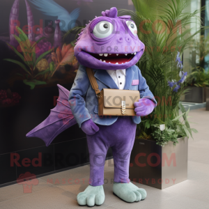 Lavender Piranha mascot costume character dressed with a Blazer and Clutch bags