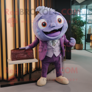 Lavender Piranha mascot costume character dressed with a Blazer and Clutch bags