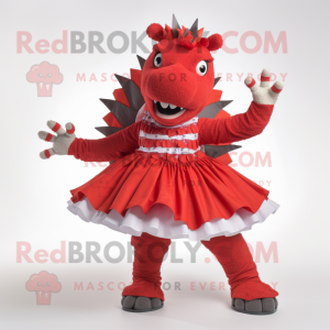 Red Stegosaurus mascot costume character dressed with a Circle Skirt and Headbands