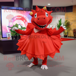 Red Stegosaurus mascot costume character dressed with a Circle Skirt and Headbands