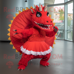 Red Stegosaurus mascot costume character dressed with a Circle Skirt and Headbands