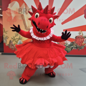 Red Stegosaurus mascot costume character dressed with a Circle Skirt and Headbands