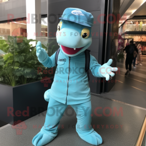 Cyan Python mascot costume character dressed with a Chinos and Caps