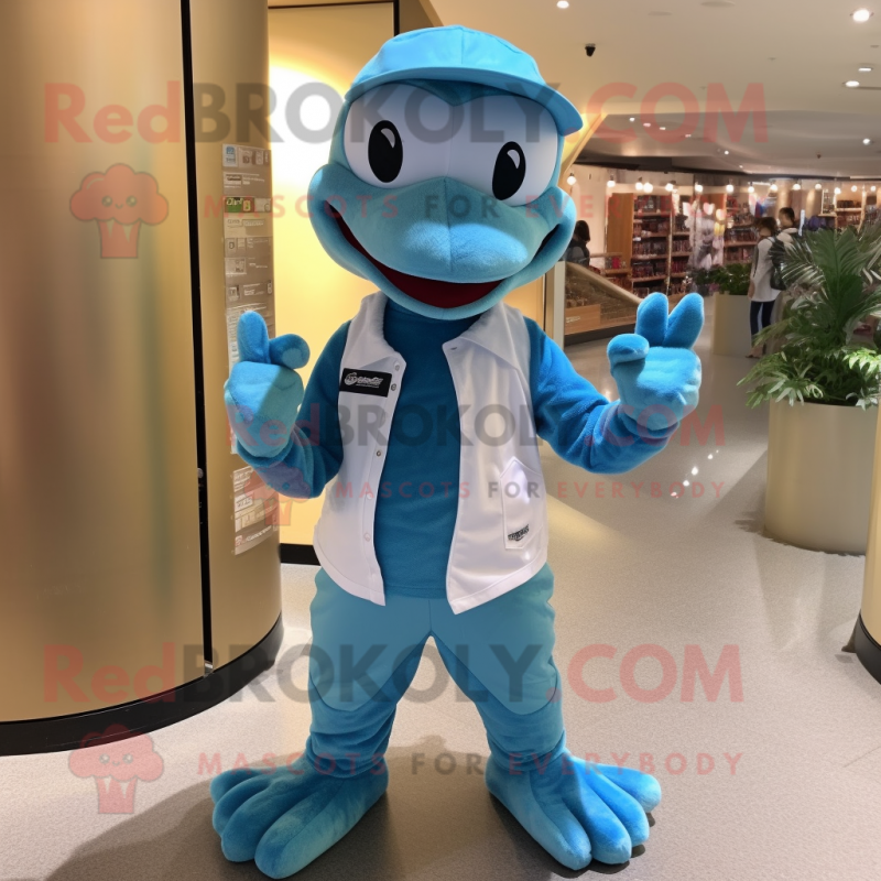 Cyan Python mascot costume character dressed with a Chinos and Caps Cyan Python mascot costume character dressed with a Chinos and Caps
