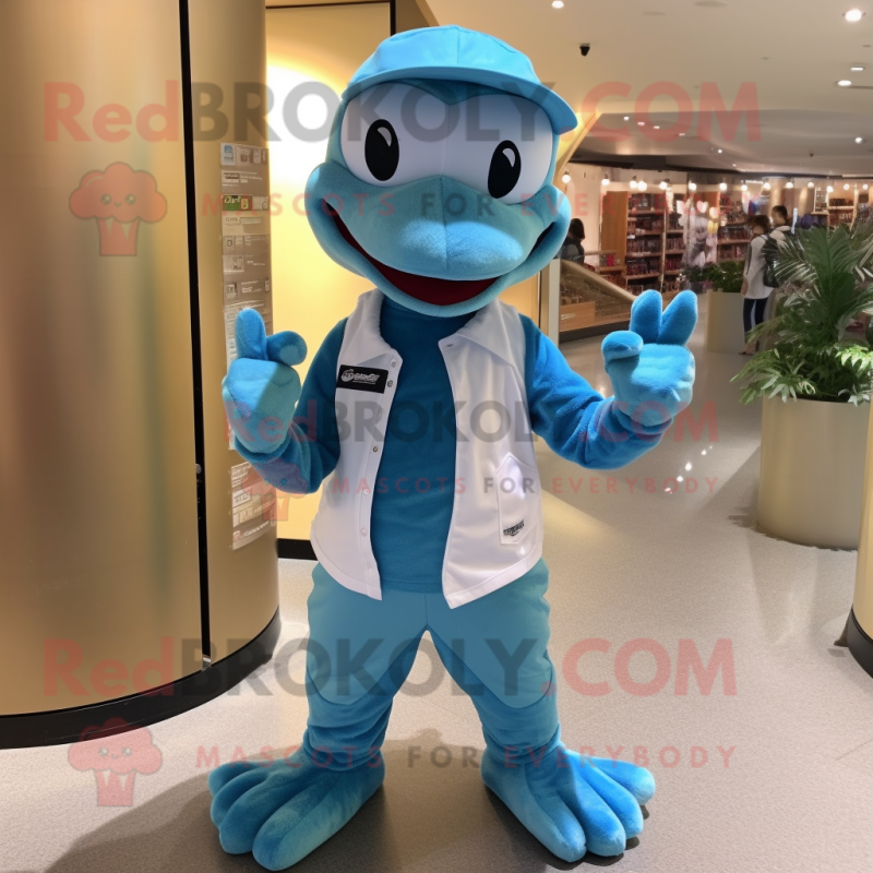 Cyan Python mascot costume character dressed with a Chinos and Caps