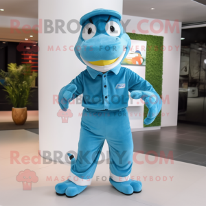 Cyan Python mascot costume character dressed with a Chinos and Caps