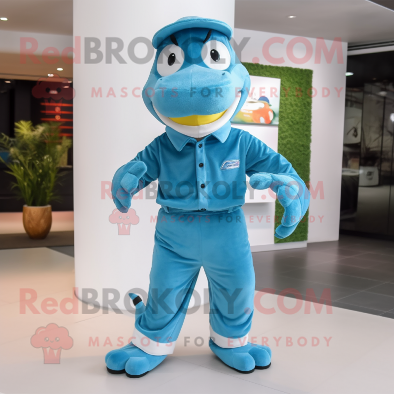 Cyan Python mascot costume character dressed with a Chinos and Caps Cyan Python mascot costume character dressed with a Chinos and Caps