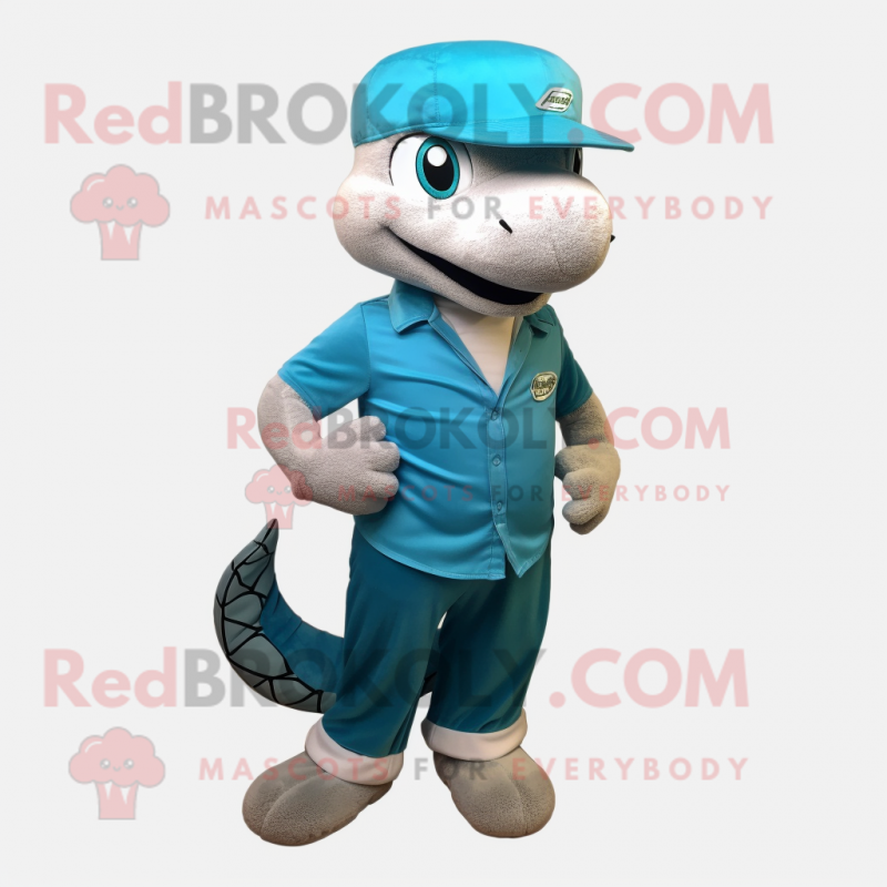 Cyan Python mascot costume character dressed with a Chinos and Caps Cyan Python mascot costume character dressed with a Chinos and Caps