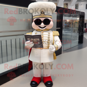 Cream British Royal Guard mascot costume character dressed with a Ball Gown and Reading glasses