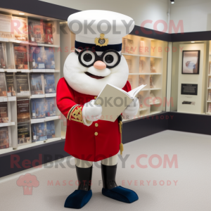 Cream British Royal Guard mascot costume character dressed with a Ball Gown and Reading glasses