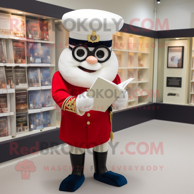 Cream British Royal Guard mascot costume character dressed with a Ball Gown and Reading glasses Cream British Royal Guard mascot costume character dressed with a Ball Gown and Reading glasses