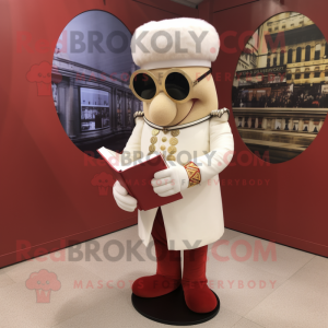 Cream British Royal Guard mascot costume character dressed with a Ball Gown and Reading glasses