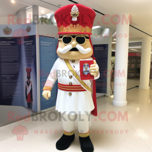 Cream British Royal Guard mascot costume character dressed with a Ball Gown and Reading glasses