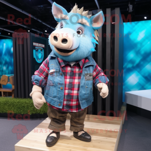 Sky Blue Wild Boar mascot costume character dressed with a Flannel Shirt and Necklaces