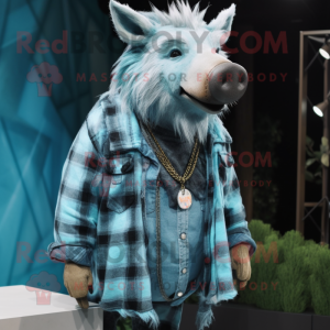 Sky Blue Wild Boar mascot costume character dressed with a Flannel Shirt and Necklaces