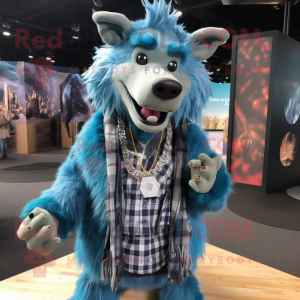Sky Blue Wild Boar mascot costume character dressed with a Flannel Shirt and Necklaces