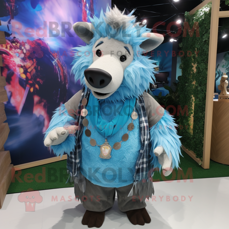 Sky Blue Wild Boar mascot costume character dressed with a Flannel Shirt and Necklaces