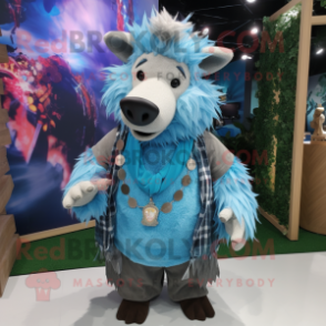 Sky Blue Wild Boar mascot costume character dressed with a Flannel Shirt and Necklaces