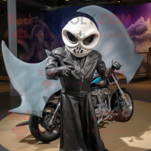 Silver Manta Ray mascot costume character dressed with a Biker Jacket and Scarf clips