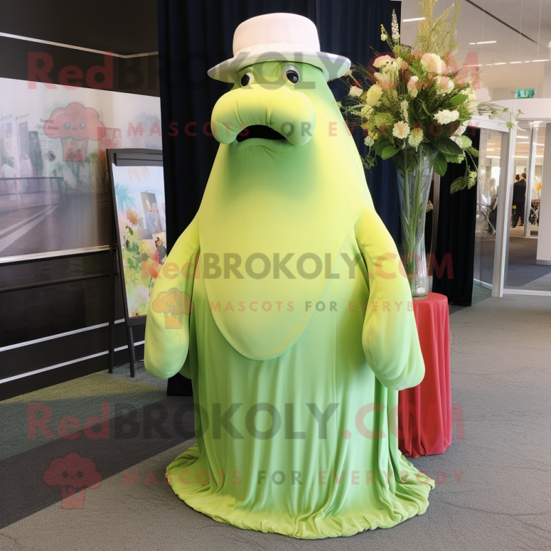 Lime Green Walrus mascot costume character dressed with a Wedding Dress and Hat pins