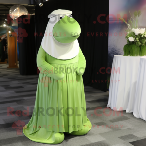 Lime Green Walrus mascot costume character dressed with a Wedding Dress and Hat pins