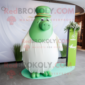 Lime Green Walrus mascot costume character dressed with a Wedding Dress and Hat pins