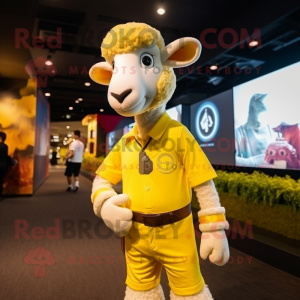 Yellow Ram mascot costume character dressed with a Dress Shirt and Lapel pins