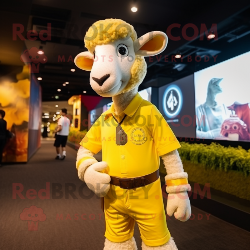 Yellow Ram mascot costume character dressed with a Dress Shirt and Lapel pins Yellow Ram mascot costume character dressed with a Dress Shirt and Lapel pins