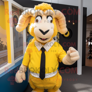 Yellow Ram mascot costume character dressed with a Dress Shirt and Lapel pins