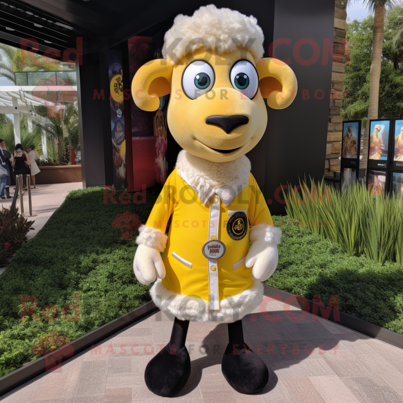 Yellow Ram mascot costume character dressed with a Dress Shirt and Lapel pins