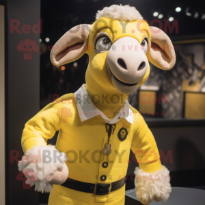 Yellow Ram mascot costume character dressed with a Dress Shirt and Lapel pins