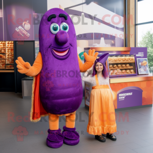 Purple Currywurst mascot costume character dressed with a Pencil Skirt and Brooches