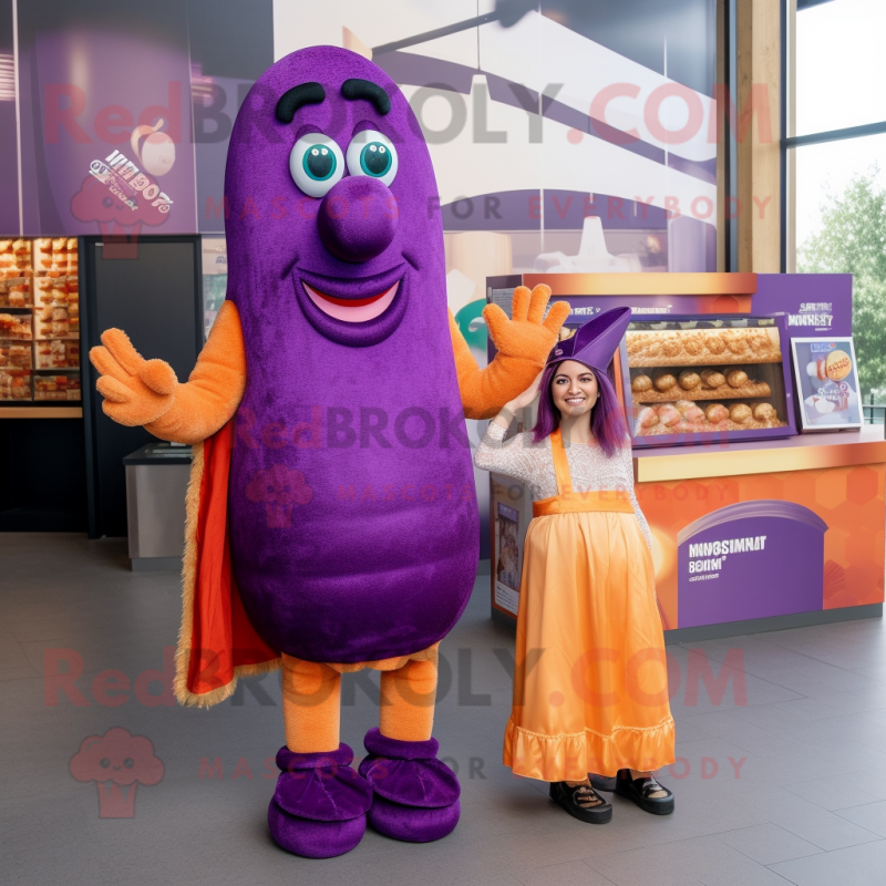Purple Currywurst mascot costume character dressed with a Pencil Skirt and Brooches Purple Currywurst mascot costume character dressed with a Pencil Skirt and Brooches