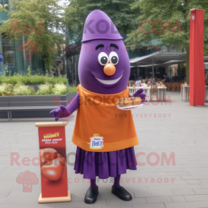Purple Currywurst mascot costume character dressed with a Pencil Skirt and Brooches