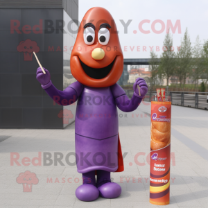 Purple Currywurst mascot costume character dressed with a Pencil Skirt and Brooches