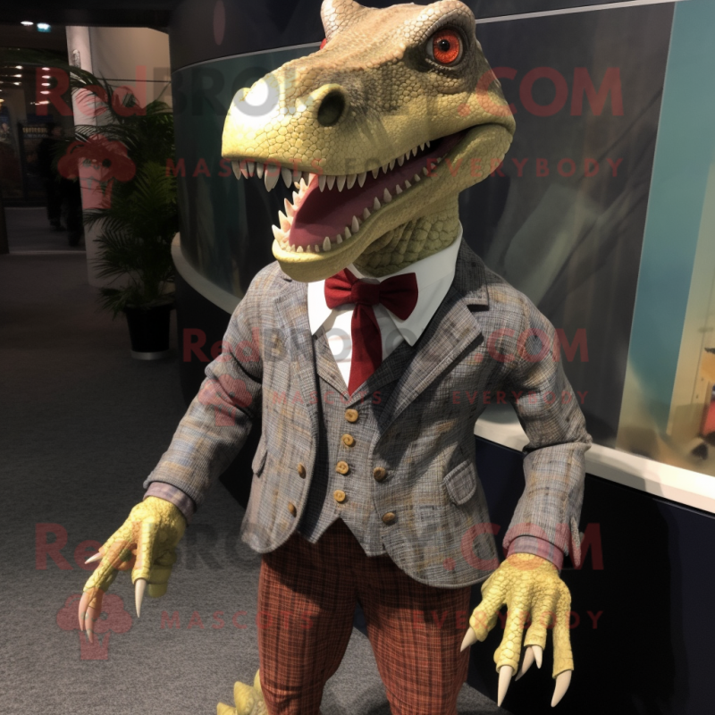 nan Spinosaurus mascot costume character dressed with a Cardigan and Tie pins