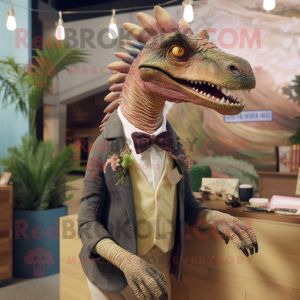 nan Spinosaurus mascot costume character dressed with a Cardigan and Tie pins