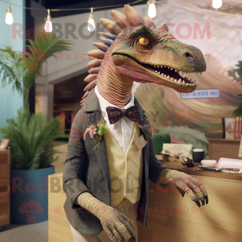 Spinosaurus mascot costume character dressed with a Cardigan and Tie pins -  Mascot Costumes -  Sizes L (175-180CM)
