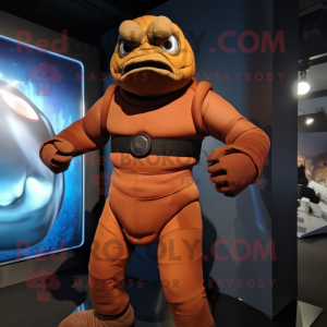 Brown Cyclops mascot costume character dressed with a Turtleneck and Belts